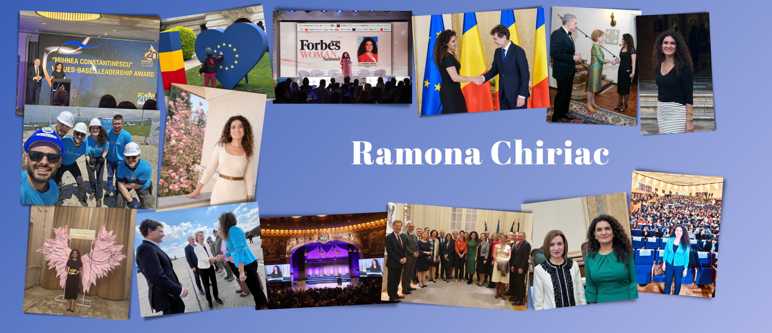 Collage of Ramona Chiriac with heads of state, colleagues, students, and communities from a decade of public service